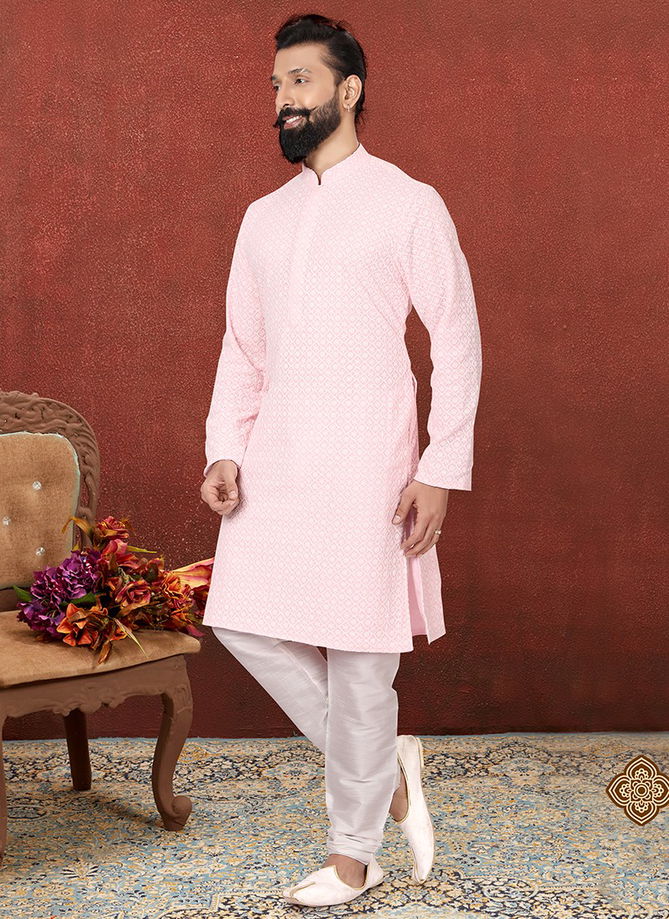 Light Pink Colour New Traditional Wear Heavy Georgette Embroidery Kurta Pajama Mens Collection 205